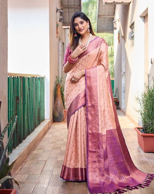 kanjivaram silk - Cream and purple