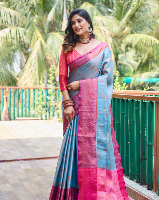 The Kanchi Silk - Sky blue and pink