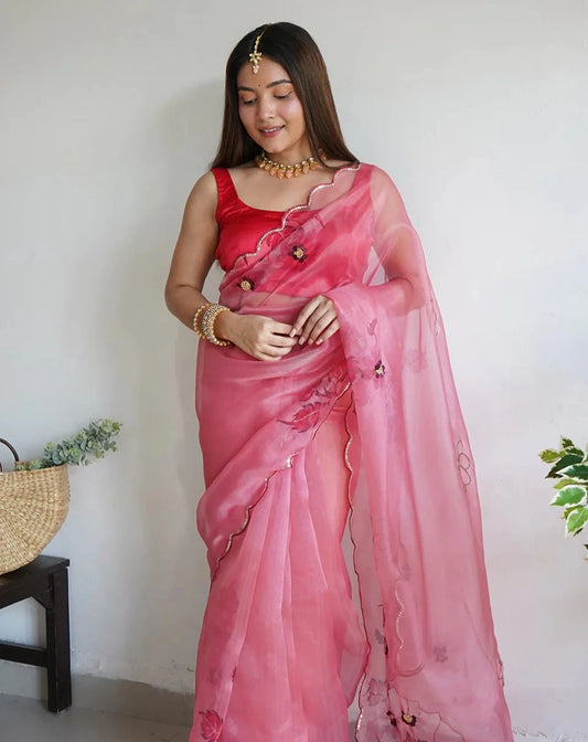 Flamingo Pink Organza Saree