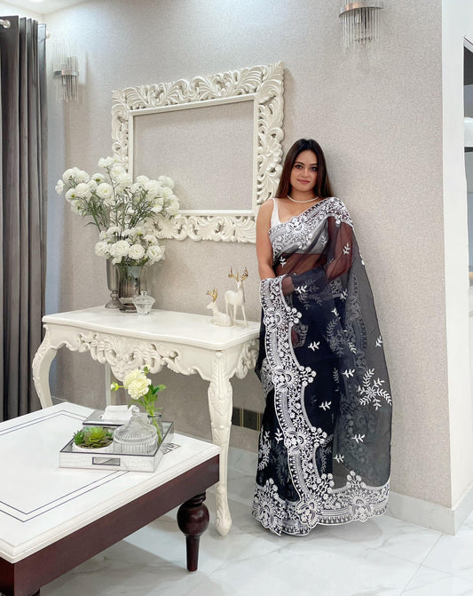 Hand picked Organza Saree -  Grey