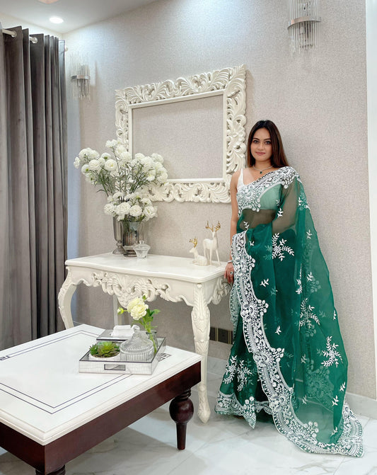 Hand picked Organza Saree - Sea green