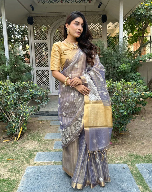 Lavender grey embroidered Saree